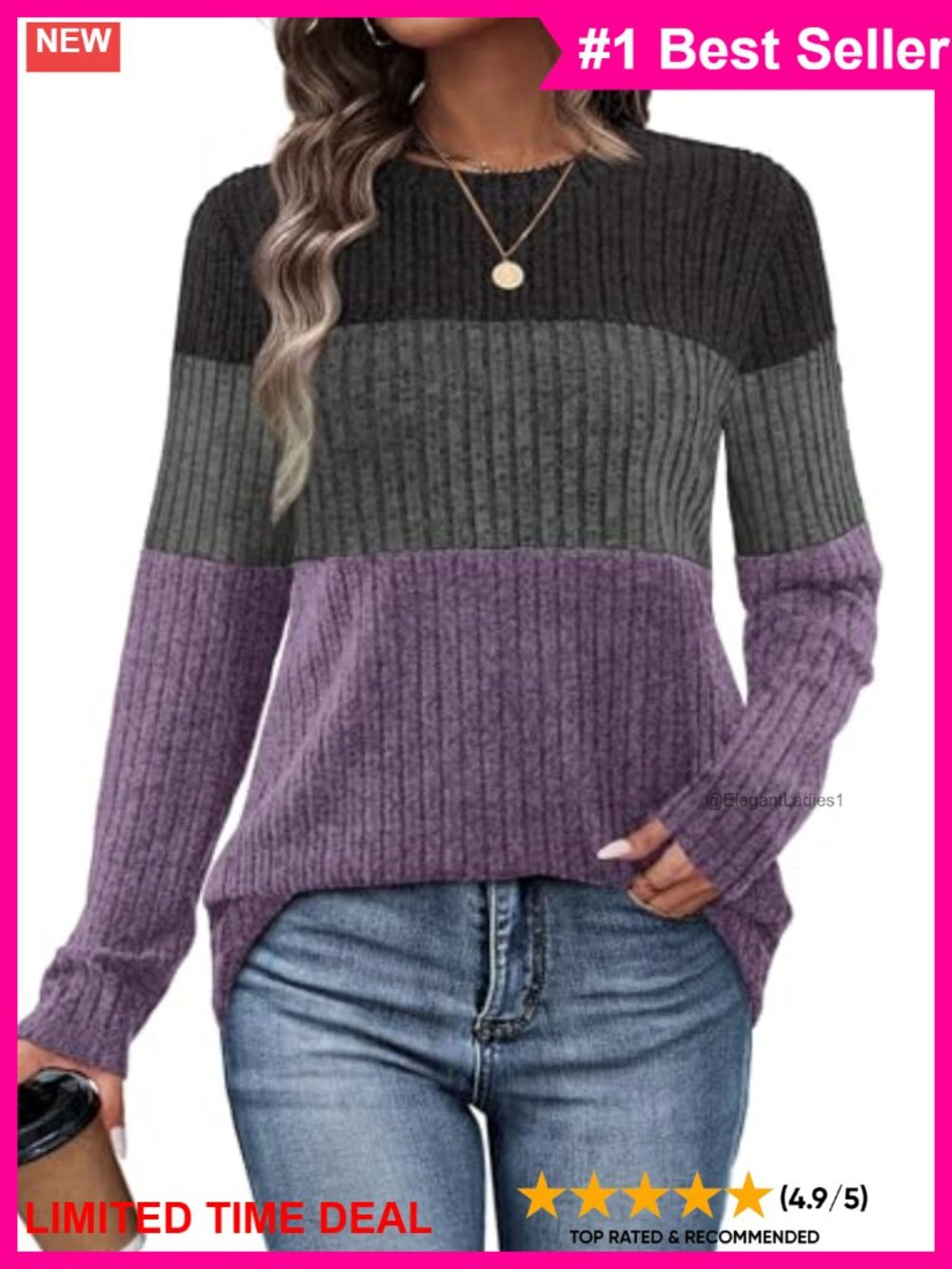 Womens Lightweight Color Block Tunic Sweater Long Sleeve Pullover Casual Fall